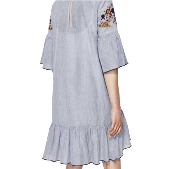 ZARA Blue & White Striped Floral Embroidered Dress - Picture 3 of 14